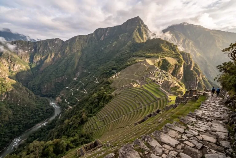 Terrazas incas de Wiñay Wayna en el Camino Inca al atardecer