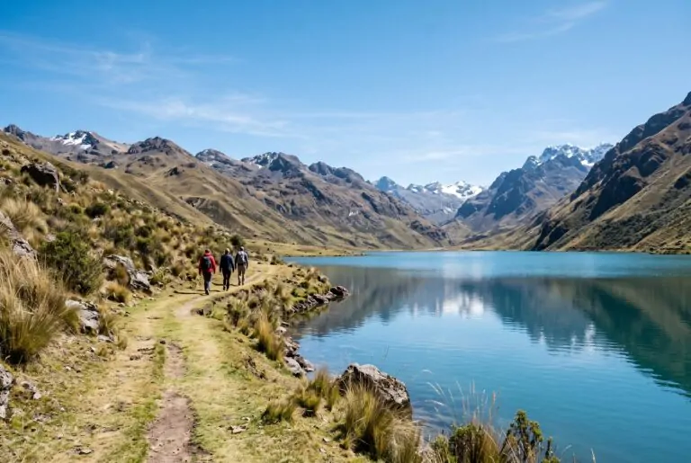 Sendero junto a una laguna altoandina camino a Waqrapukara
