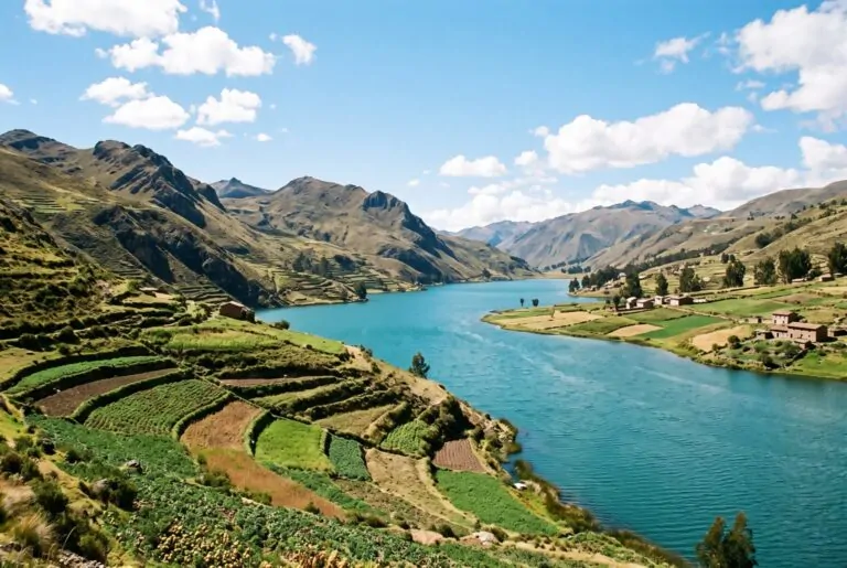 Laguna de Pomacanchi de aguas turquesas rodeada de cerros andinos