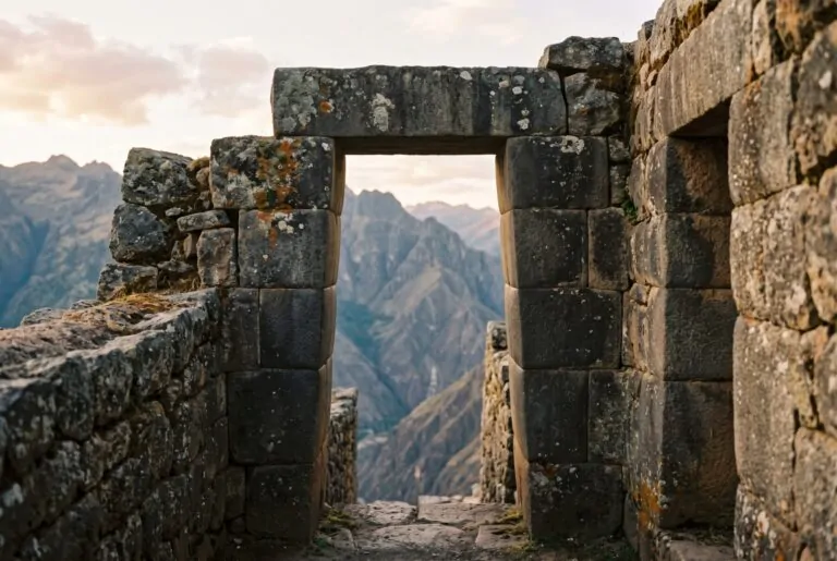Muros y portada trapezoidal de piedra inca en Waqrapukara