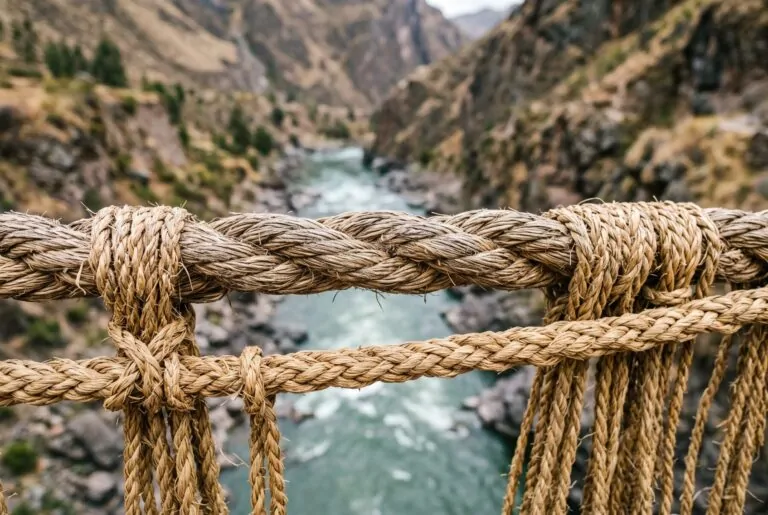 Detalle de las sogas de ichu trenzado del puente de Qeswachaka