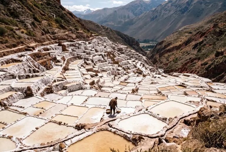 Pozas escalonadas de las Salineras de Maras en la ladera del valle