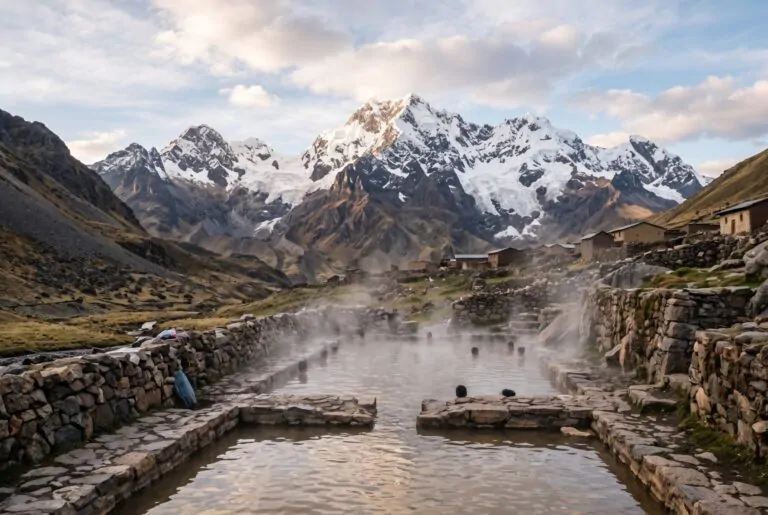 Aguas termales de Pacchanta con el nevado Ausangate al fondo