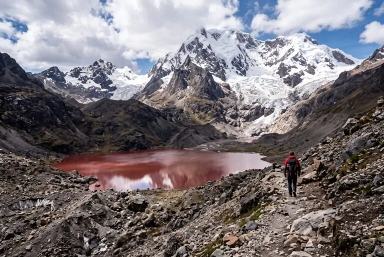 Laguna Puka Cocha de tonos rojizos bajo el glaciar del Ausangate