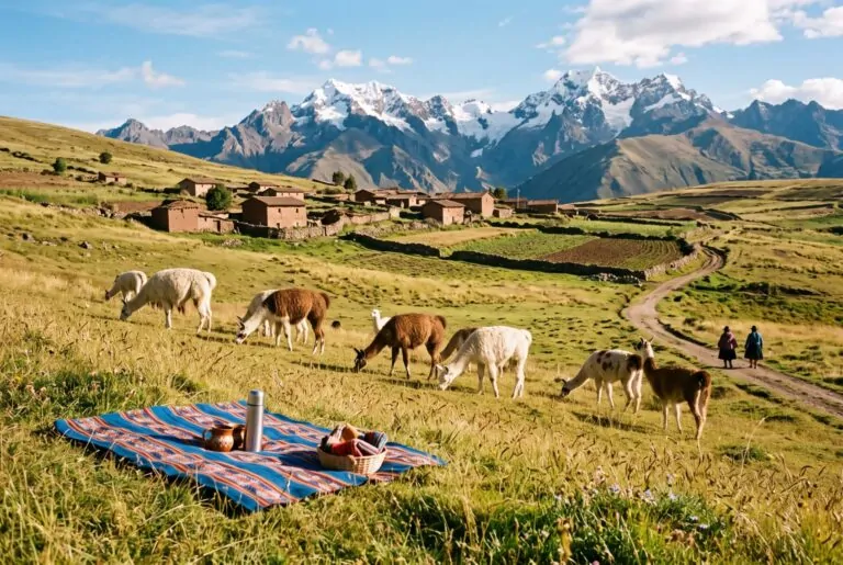Llamas en el altiplano de Maras junto a un picnic en el campo