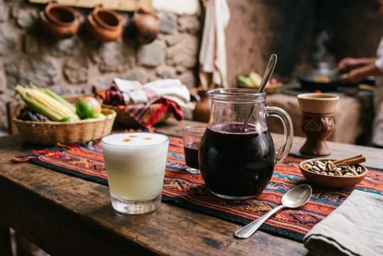Pisco sour y chicha morada servidos sobre una mesa con textil andino