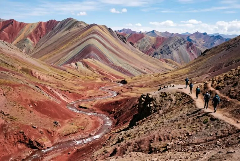Valle del río Rojo entre cerros de colores cerca de Vinicunca