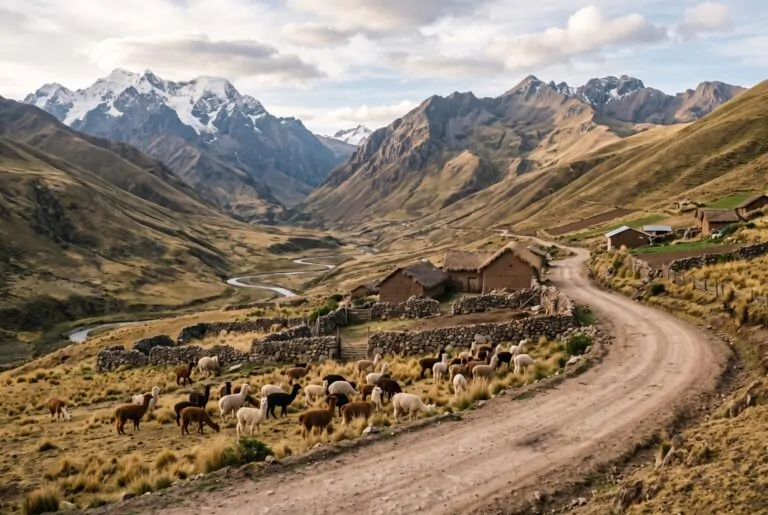 Alpacas y llamas junto al camino del valle del río Salka