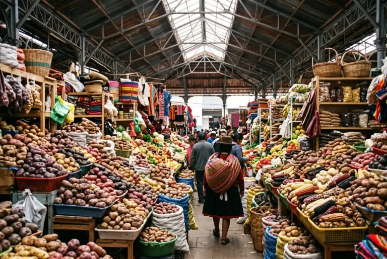 Puestos de papas nativas y maíces en el Mercado de San Pedro de Cusco