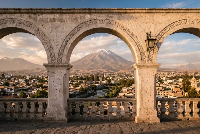 Arcos de sillar del Mirador de Yanahuara enmarcando el volcán Misti