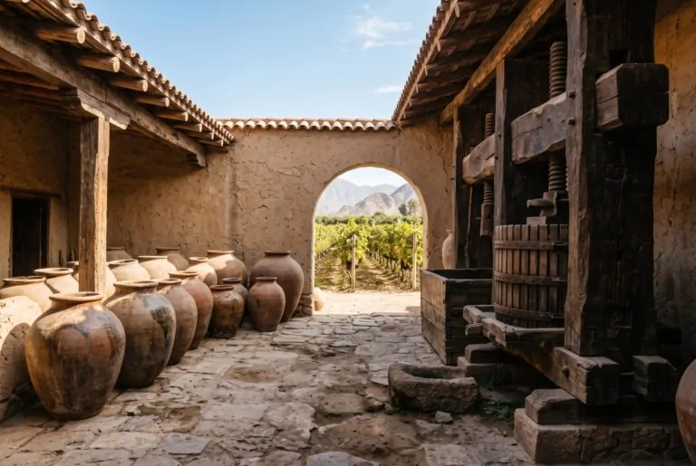 Botijas de barro y prensa antigua en una bodega tradicional de pisco en Ica