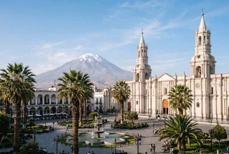 Catedral de Arequipa en la Plaza de Armas con el volcán Misti al fondo