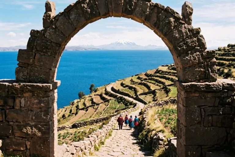 Arco de piedra y terrazas de la isla Taquile frente al lago