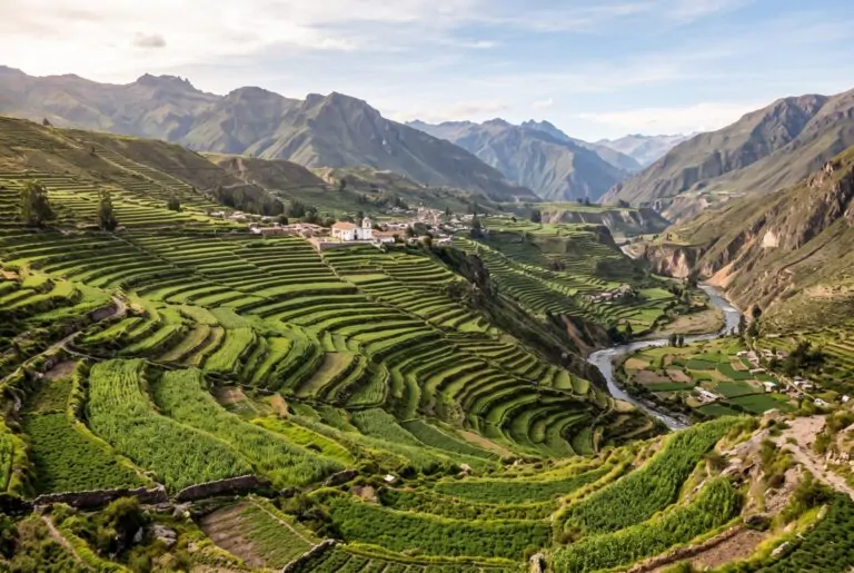 Terrazas agrícolas preincas del valle del Colca cerca de Yanque