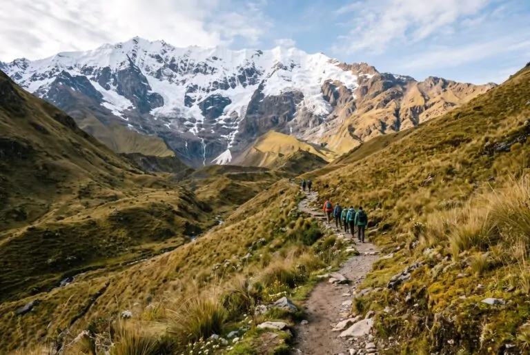 Sendero de subida a la laguna Humantay entre pastizales y nevados