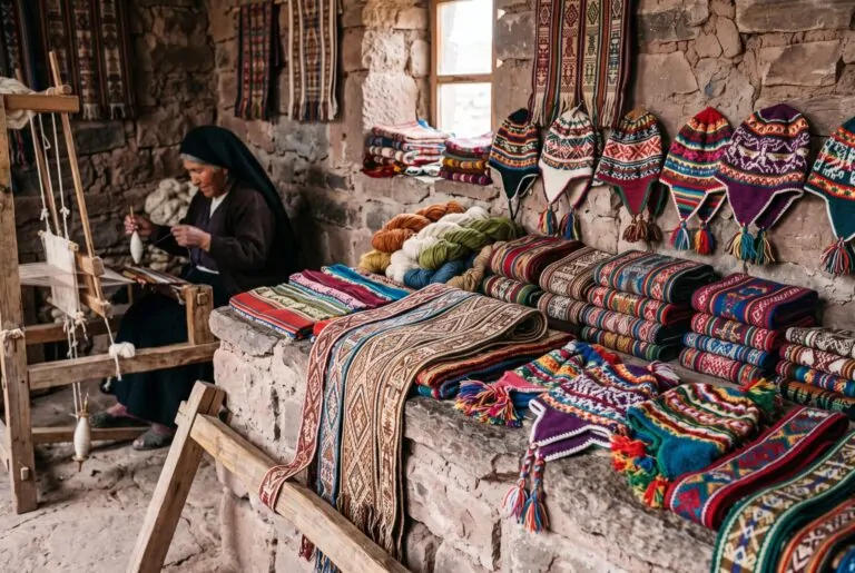Textiles tejidos a mano en un taller de artesanía de Taquile