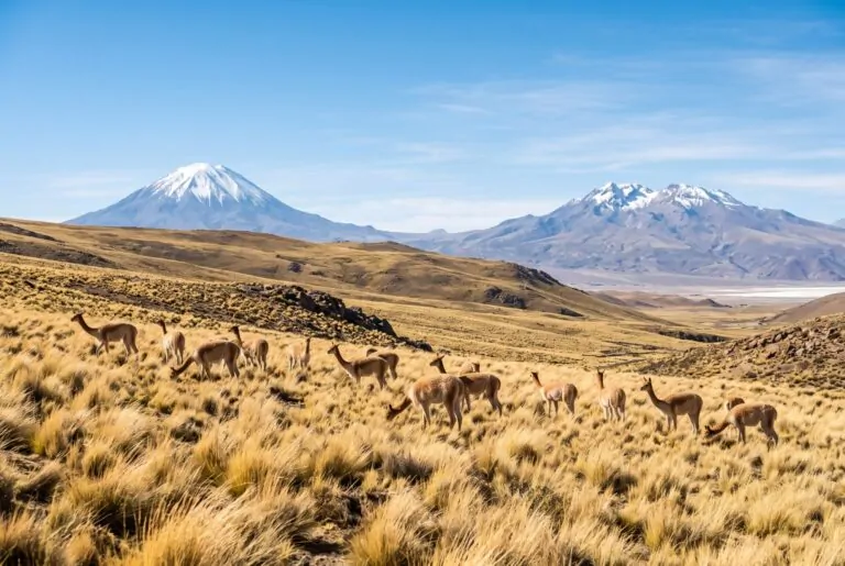 Vicuñas en la Reserva de Salinas y Aguada Blanca con volcanes al fondo