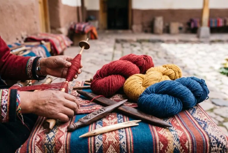 Madejas de lana teñida con plantas y telar andino en un taller textil de Chinchero