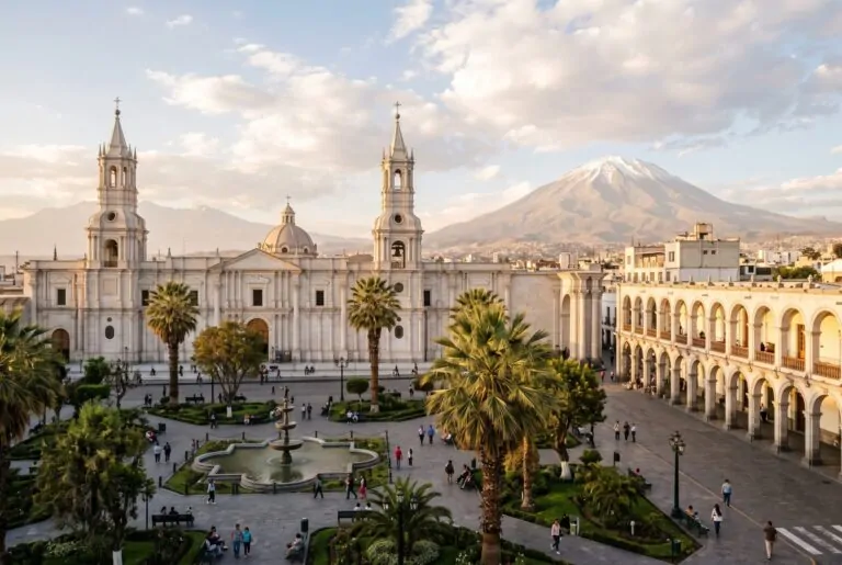 Catedral de sillar en la Plaza de Armas de Arequipa con el volcán Misti