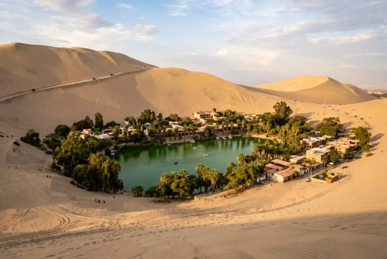 Oasis de Huacachina rodeado de palmeras y grandes dunas cerca de Ica