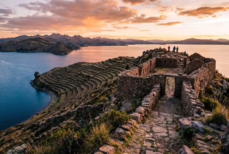 Recinto de piedra de Pachatata en la cima de la isla Amantaní al atardecer