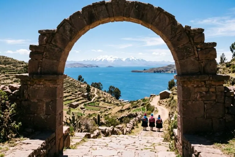 Arco de piedra en la isla de Taquile frente al azul del Lago Titicaca