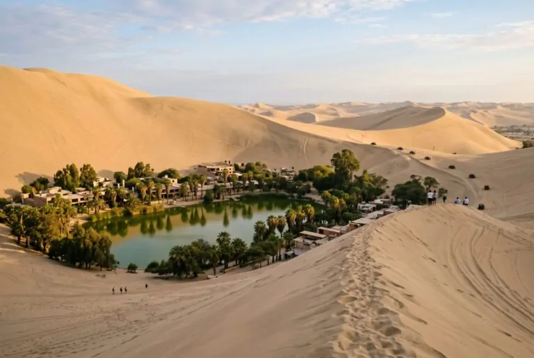 Oasis de Huacachina rodeado de palmeras y dunas de arena en Ica