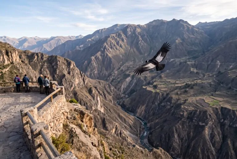 Cóndor andino sobrevolando el Cañón del Colca desde la Cruz del Cóndor