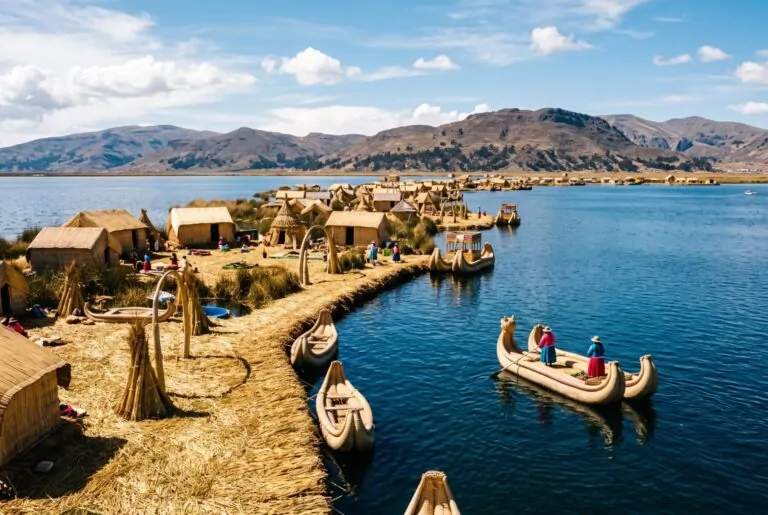 Islas flotantes de los Uros con balsas de totora en el Lago Titicaca