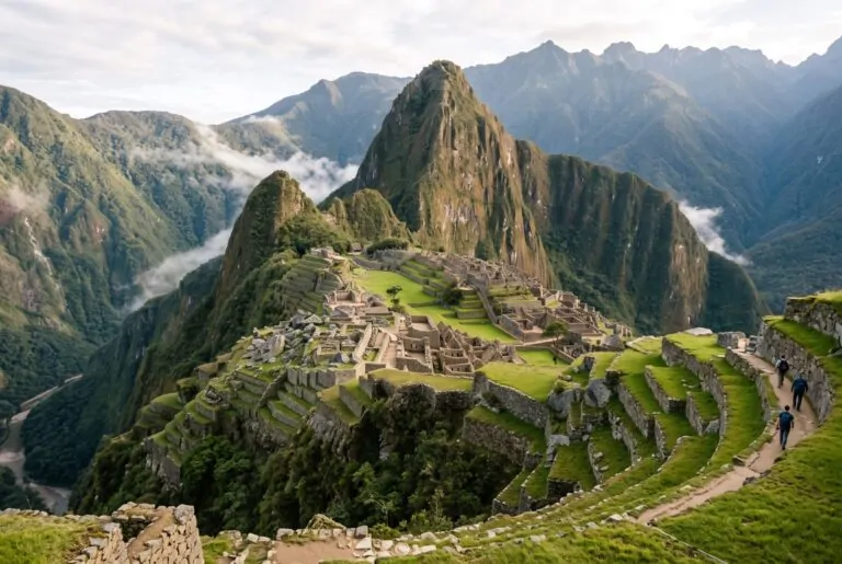 Ciudadela inca de Machu Picchu con el Huayna Picchu al fondo y nubes bajas