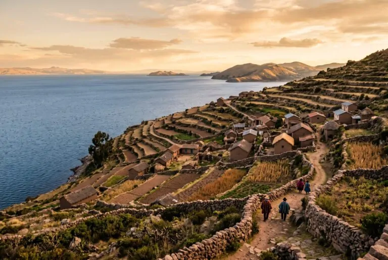 Terrazas y casas de adobe de la isla de Amantaní frente al Lago Titicaca