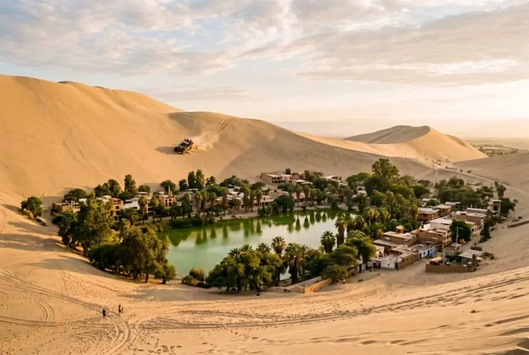 Oasis de Huacachina rodeado de palmeras y grandes dunas de arena en Ica