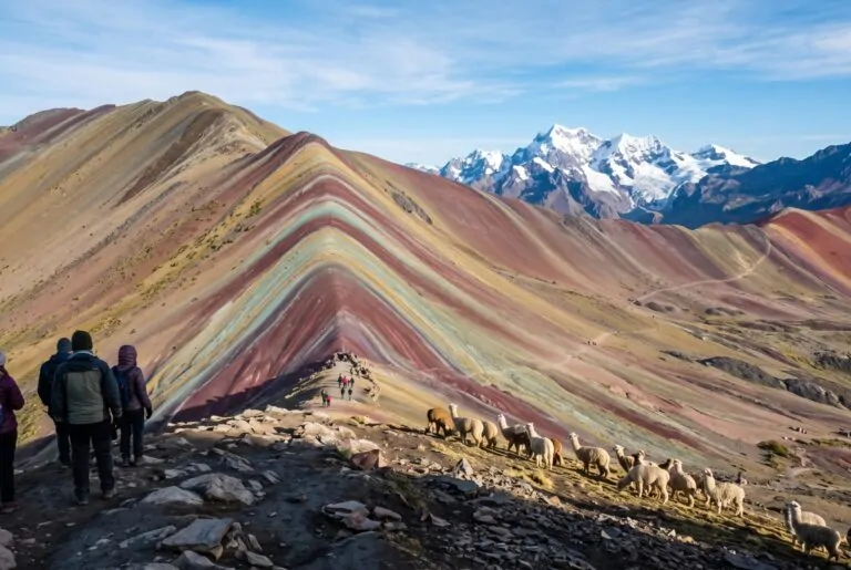 Montaña de Colores en Cusco con alpacas pastando y nevados al fondo