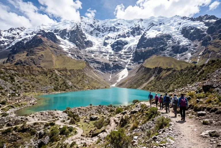 Laguna Humantay de aguas turquesa al pie del nevado, en Cusco
