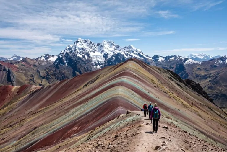 Montaña de Colores Vinicunca con sus franjas minerales y el Ausangate nevado