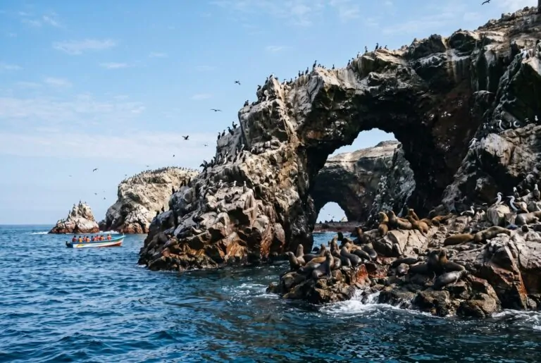 Islas Ballestas de Paracas con lobos marinos y aves sobre los arcos de roca