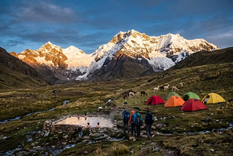 Campamento junto a los baños termales de Upis con el Ausangate al atardecer