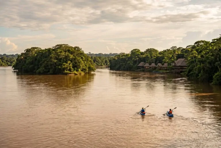 Kayaks en el río Madre de Dios frente a una isla de selva cerca de Puerto Maldonado