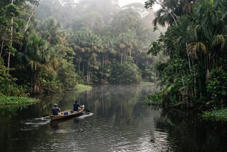 Canoa en el lago Sandoval rodeado de palmeras aguaje en la Reserva de Tambopata