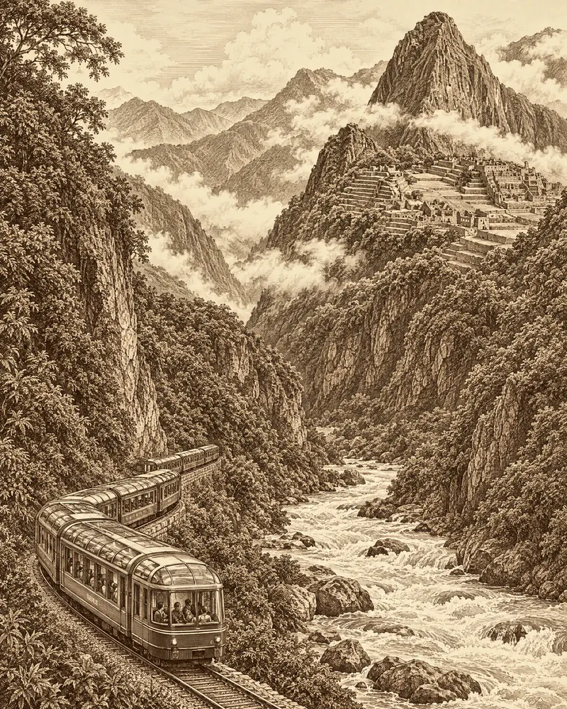 Ilustración del tren a Machu Picchu por el cañón del Urubamba